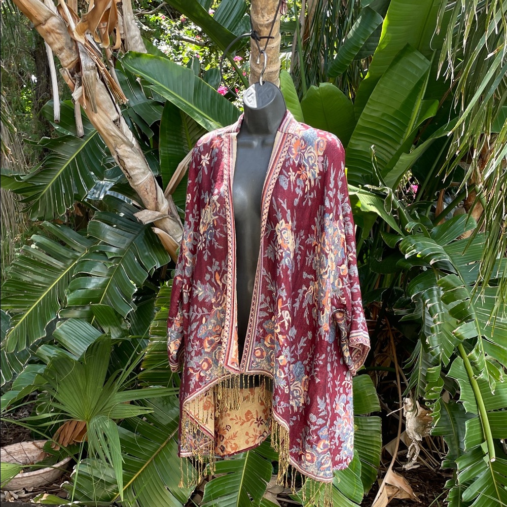Floral Jacquard fringed reversible duster jacket or shawl by pretty persuasion